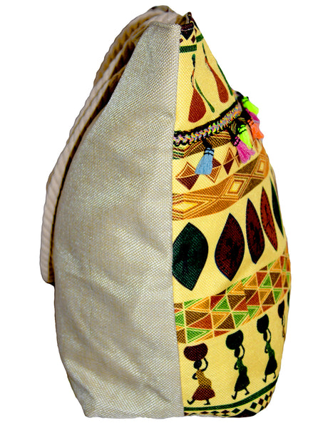 Fino JH-18052 Maxi Canvas African Beach Bag - Beige & Yellow