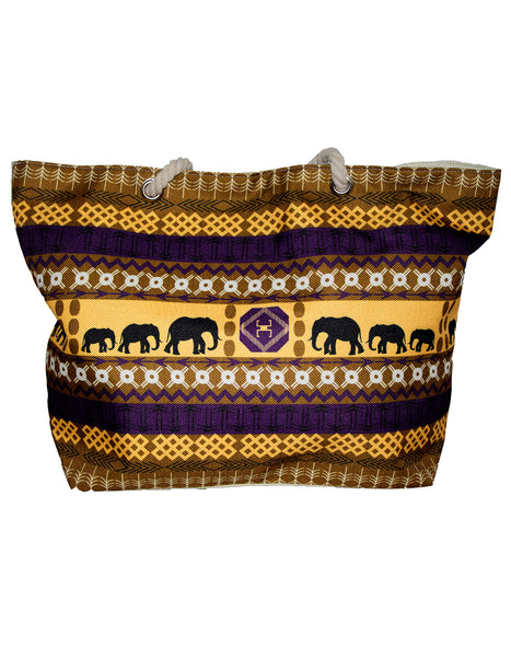 Fino JH-19053 Maxi Canvas African Elephant Design Beach Bag - Beige & Brown