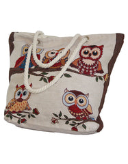 Fino JH-70103 Maxi Canvas Tote Bag with Owls Print Design - Beige
