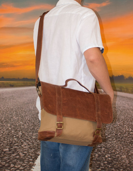 Luvsa LS-MS085 Steady Canvas Bag with Full Grain Leather Vintage Flap
