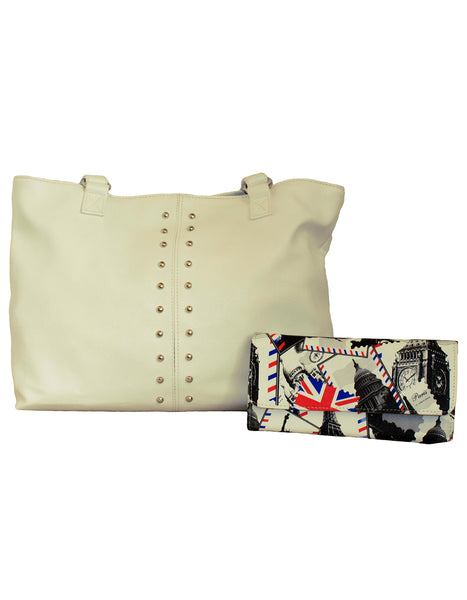 Fino NY-7694+1655-765 Faux Leather Silver Stud Handbag & Purse Set - White
