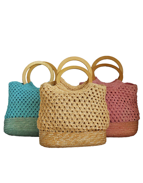 Fino PC-012936 Value/Party Pack Straw Bag with Round Wooden Handles - Set of 3