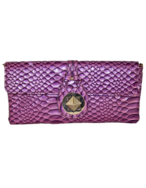 Fino RF-07 Faux Patent Crocodile Faux Leather Clutch Bag with Chain and Twist Lock