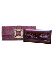 Fino RF-08+608-765 Faux Leather Patent Crocodile Clutch Bag and Leaf Printed Purse Set - Purple