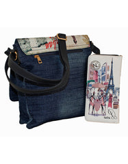 Fino SK-1601-A1+1602 Denim Vintage Paris Design Crossbody Sling Bag & Purse Set
