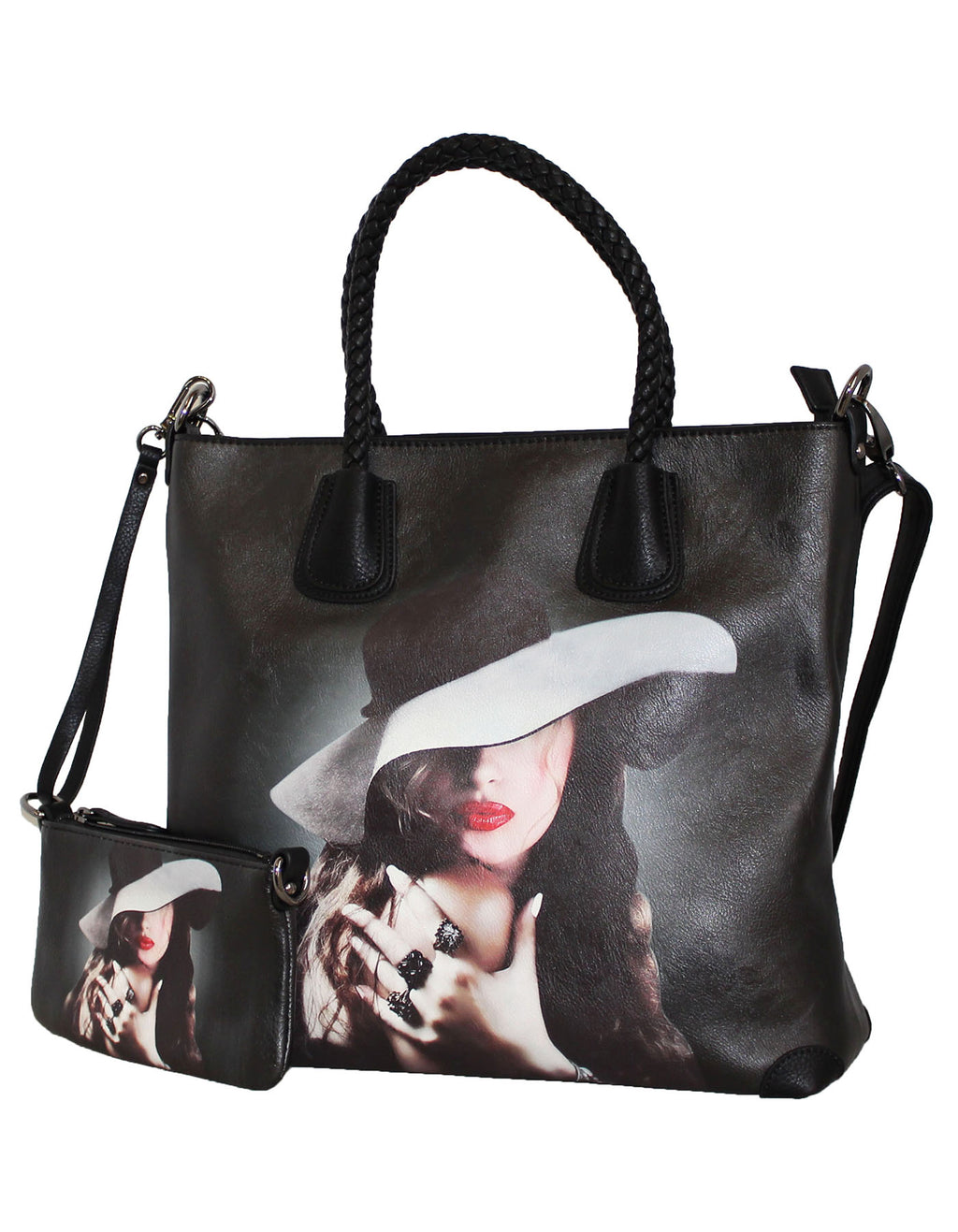 Fino SK-6115 2 In 1 Maxi Faux Leather Tote Bag- Black