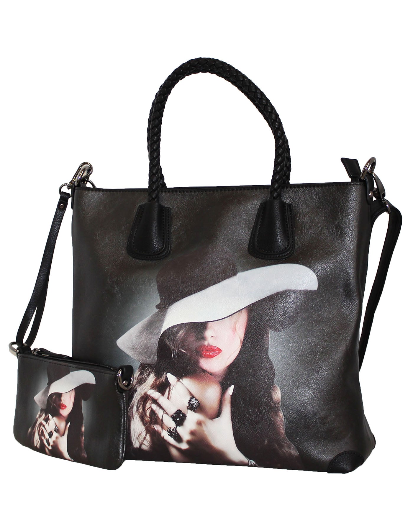 Fino SK-6115 2 In 1 Maxi Faux Leather Tote Bag- Black