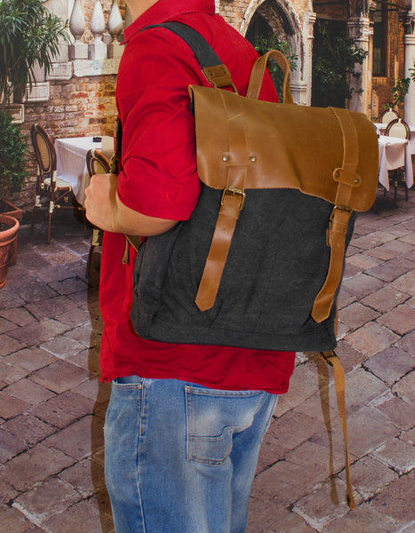 Fino SL-005 Canvas 13" Laptop Backpack with Genuine Leather Flap