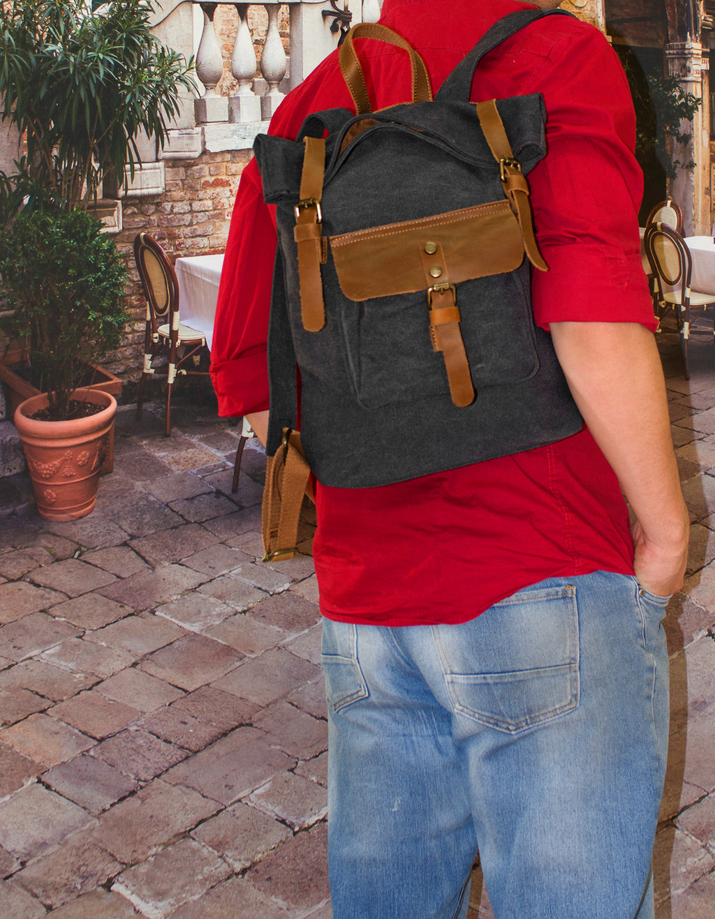 Fino SL-531 Unisex Canvas and Genuine Leather Backpack with Rolled up Closure