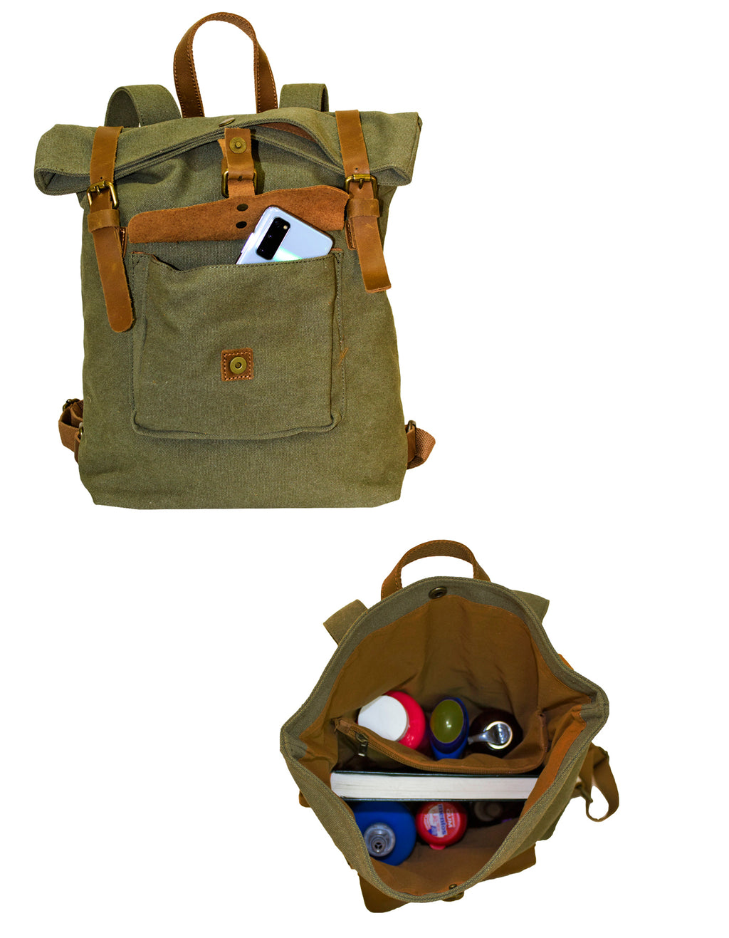 Fino SL-531 Unisex Canvas and Genuine Leather Backpack with Rolled up Closure